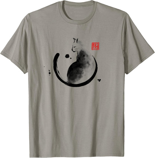 Artistic Cat Feline Japanese Ink Sumi-e Design Men Women Kids T-Shirt - T-Shirt | Sand