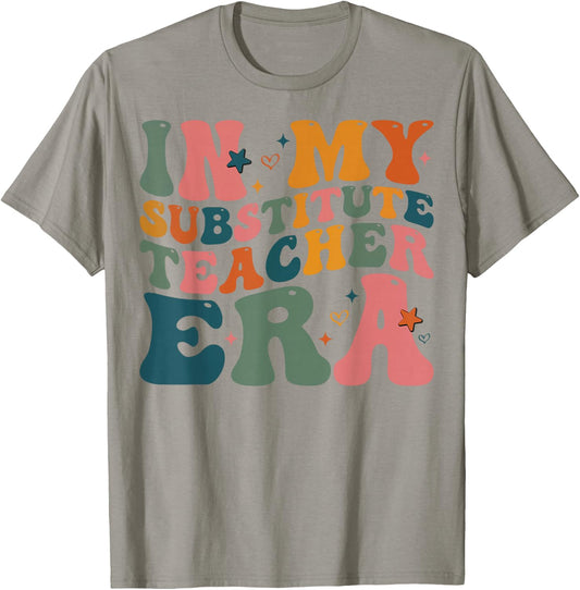 In My Substitute Teacher Era groovy Retro Back To School T-Shirt - T-Shirt | Sand