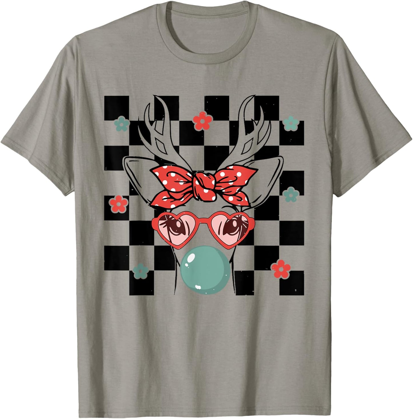 Cute Reindeer Wearing Glasses Bubblegum Checkered Christmas T-Shirt - T-Shirt | Sand