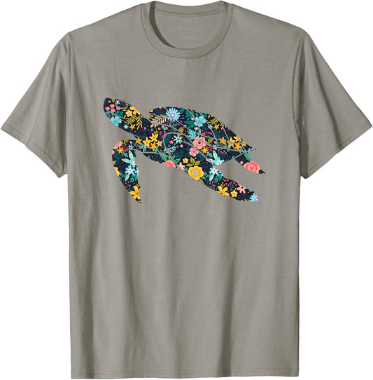 Floral Sea Turtle Silhouette Girls Graphic T-Shirt - T-Shirt | Sand