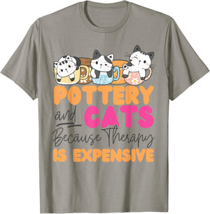 Pottery Ceramics Artist Cat Pottery And Cats Because Therapy Men Women Girls Kids T-Shirt - T-Shirt | Sand