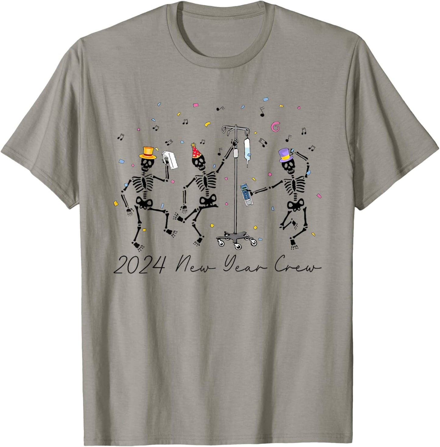 2024 New Year Crew Skeleton Dancing Funny Nurse Icu Er T-Shirt - T-Shirt | Sand