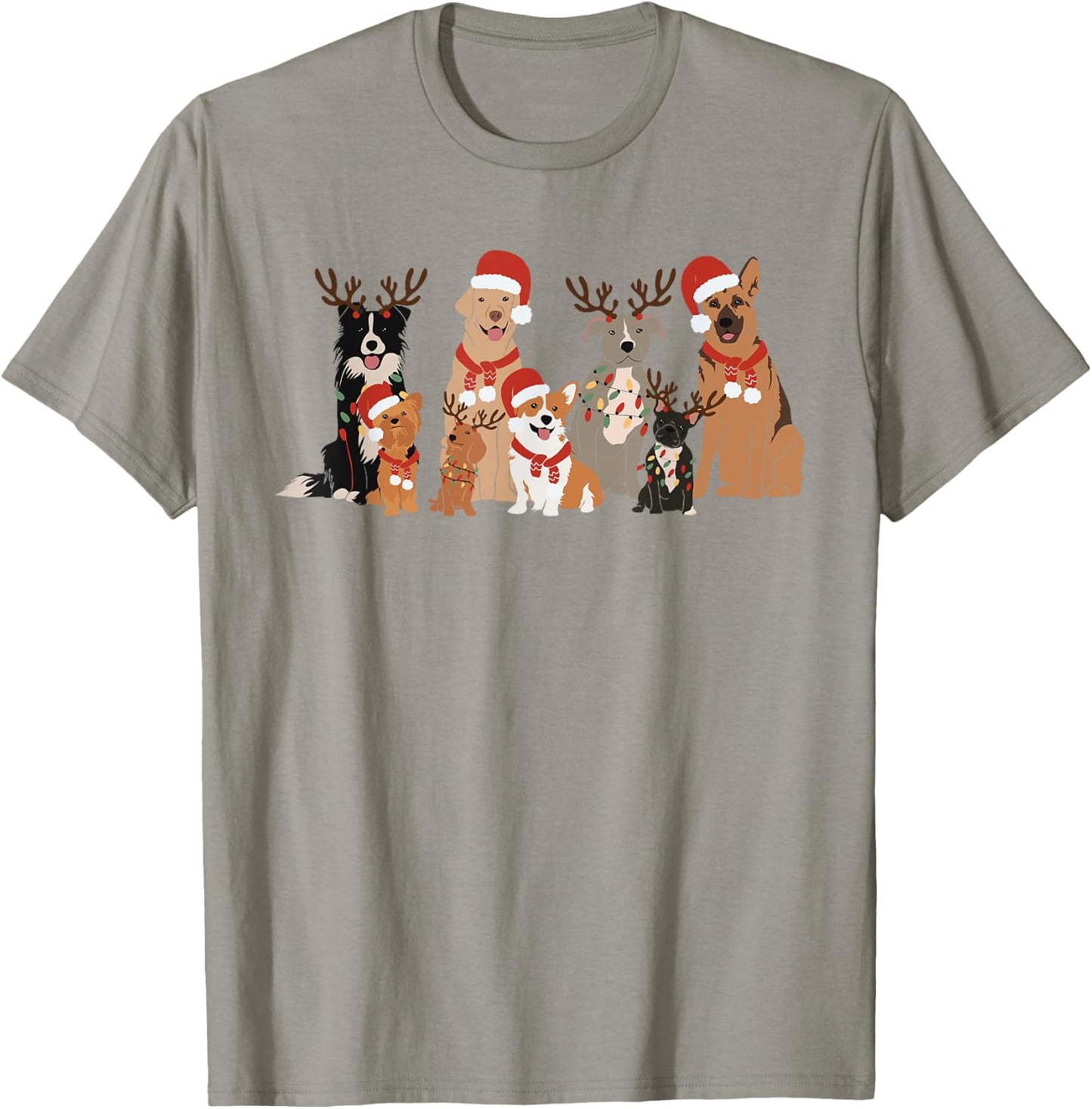 Christmas Dogs Squad Reindeer Santa Lights Dog Owner T-Shirt - T-Shirt | Sand