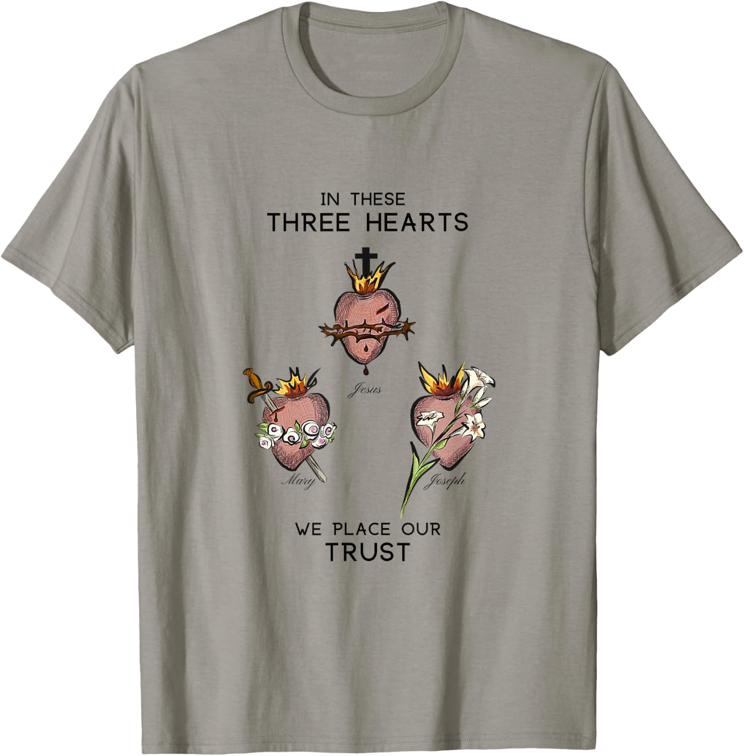 Three Sacred Hearts of Jesus Mary Joseph, JMJ, Catholic T-Shirt - T-Shirt | Sand