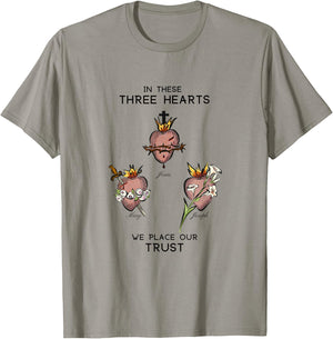 Three Sacred Hearts of Jesus Mary Joseph, JMJ, Catholic T-Shirt - T-Shirt | Sand