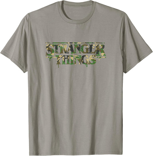 Stranger Things Military Camouflage Dripping Paint Logo T-Shirt - T-Shirt | Sand