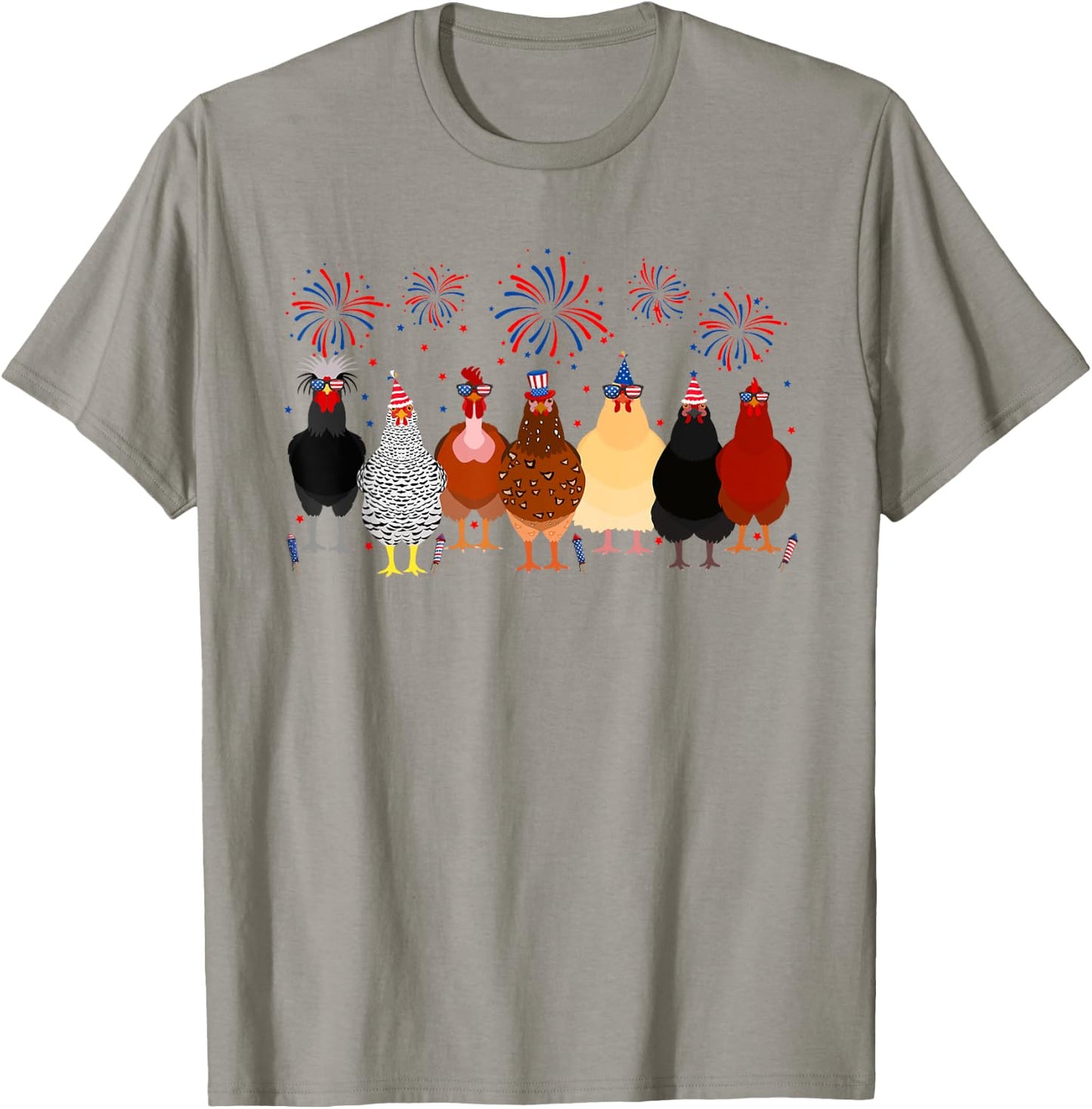 Funny Chickens American Flag Fireworks Farmer 4th Of July Women Men T-Shirt - T-Shirt | Sand