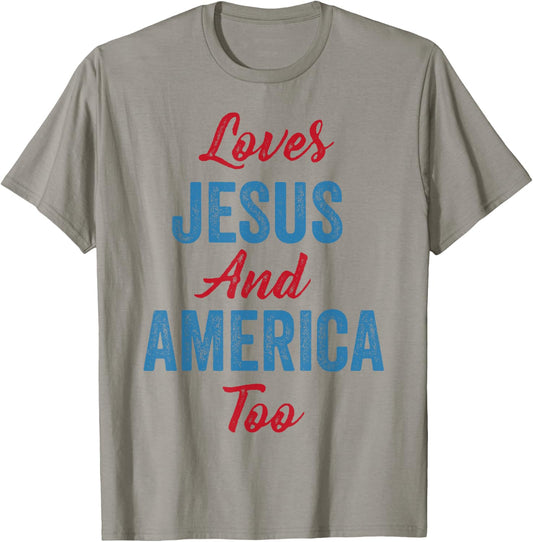 Loves Jesus and America Too 4th of July God Christian Women Kids Men T-Shirt - T-Shirt | Sand