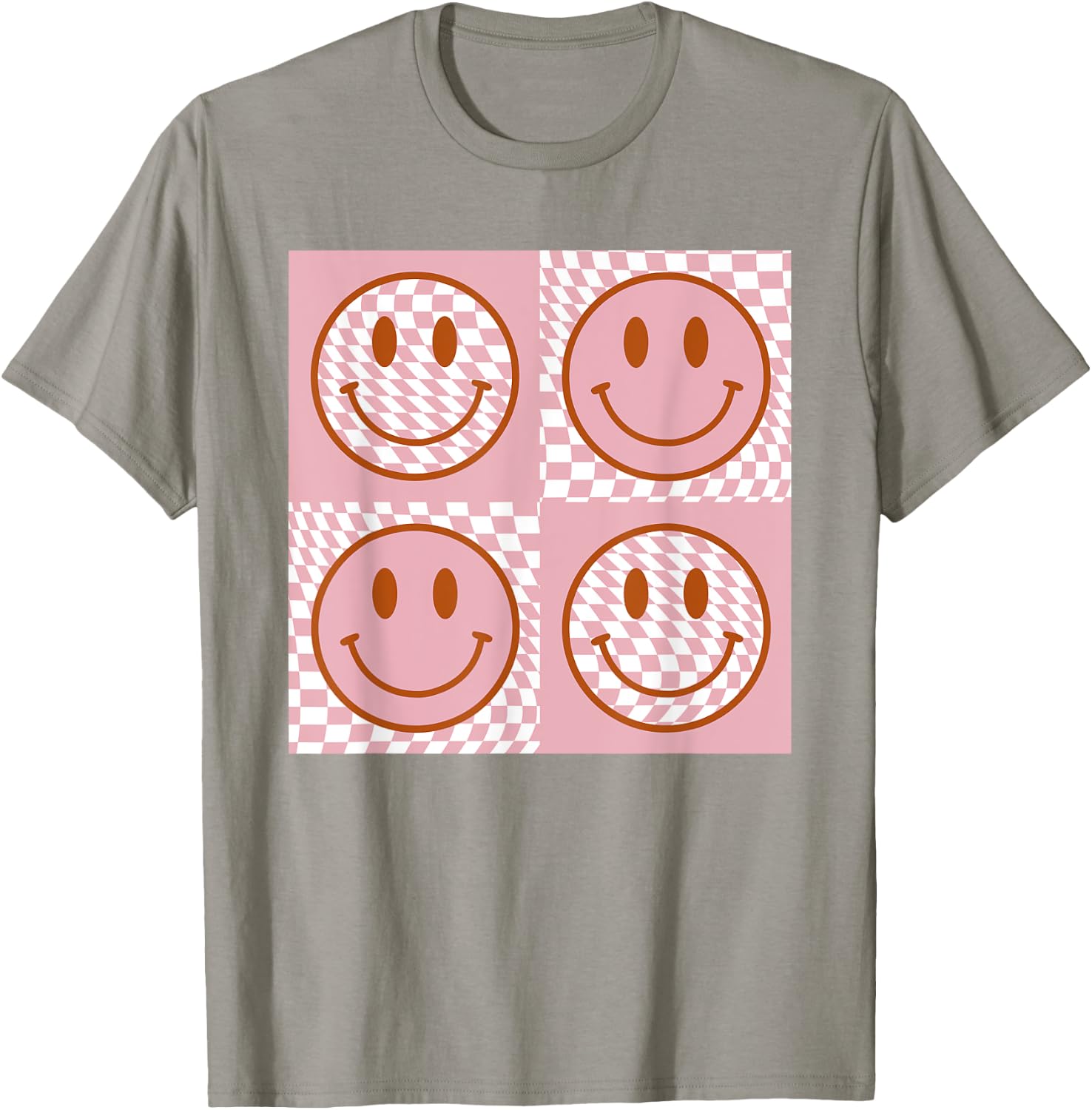 Checkered Pattern Happy Face Shirt Retro Pink Smile Face T-Shirt - T-Shirt | Sand
