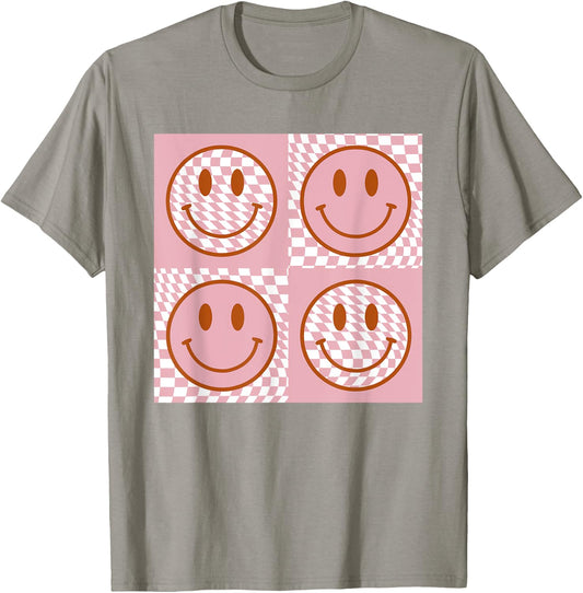 Checkered Pattern Happy Face Shirt Retro Pink Smile Face T-Shirt - T-Shirt | Sand