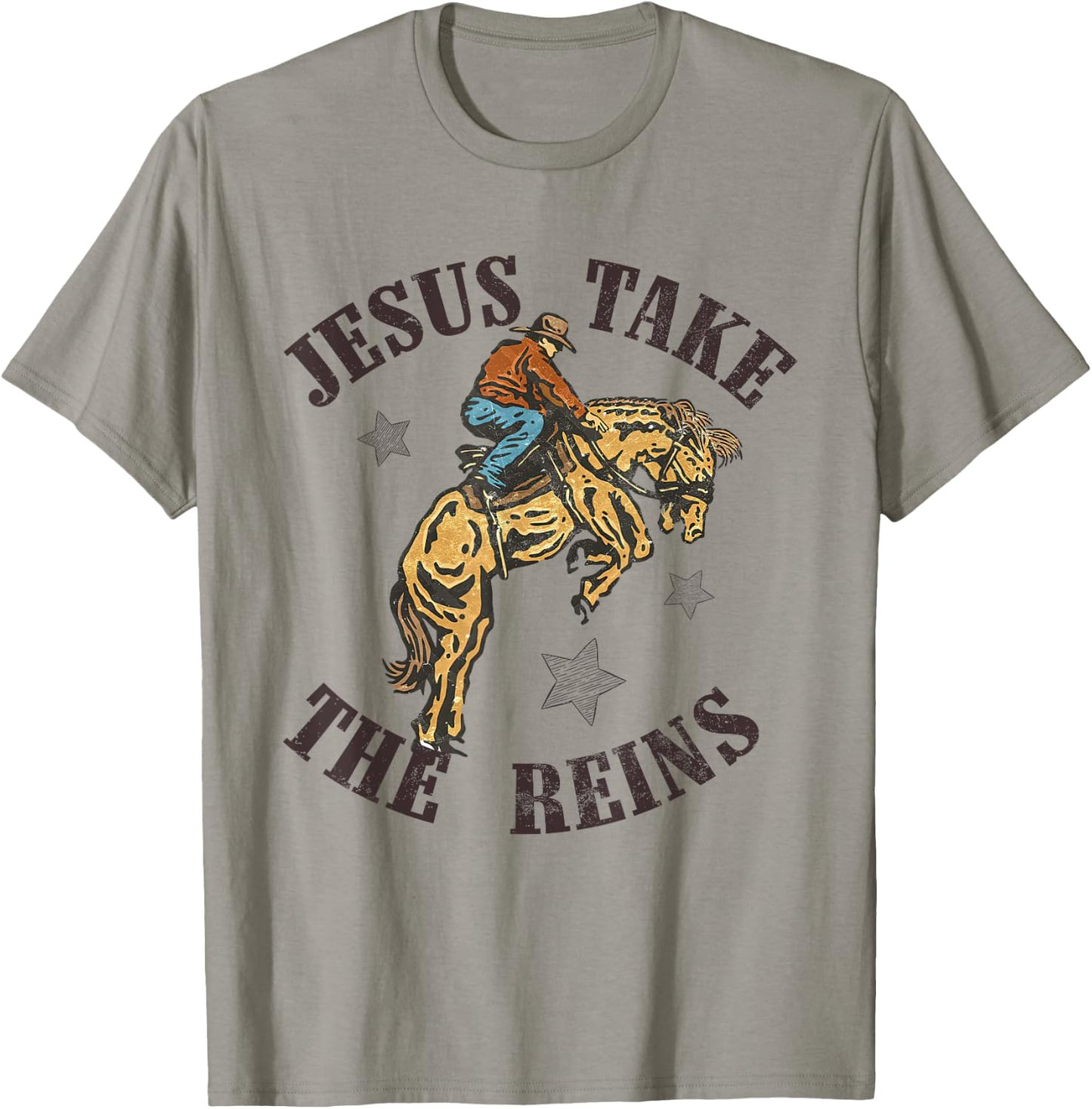 Jesus Take The Reins Western Cowboy Bucking Bronco Western T-Shirt - T-Shirt | Sand