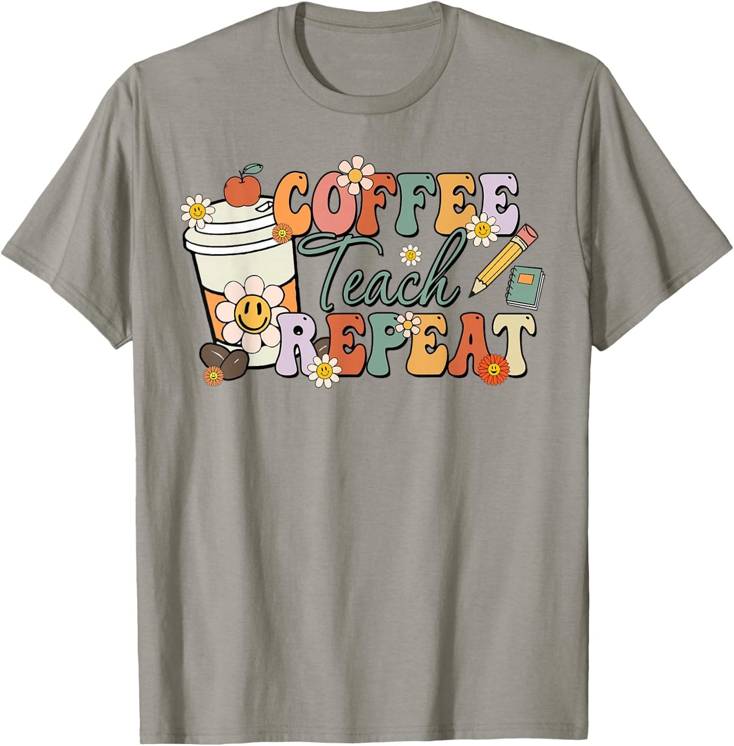 Retro Grovvy Coffee Teach Repeat Teacher T-Shirt - T-Shirt | Sand