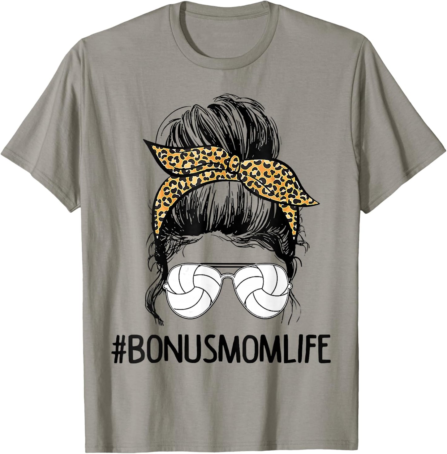 Volleyball Bonus Mom Life Messy Bun Leopard Mother’s Day T-Shirt - T-Shirt | Sand