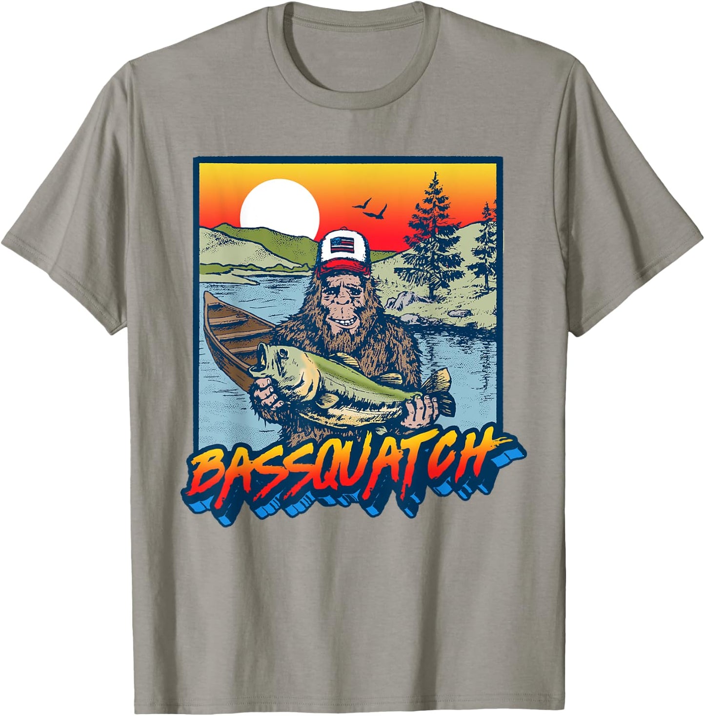Bassquatch! Funny Bass Fishing Sasquatch Retro 80s T-Shirt - T-Shirt | Sand