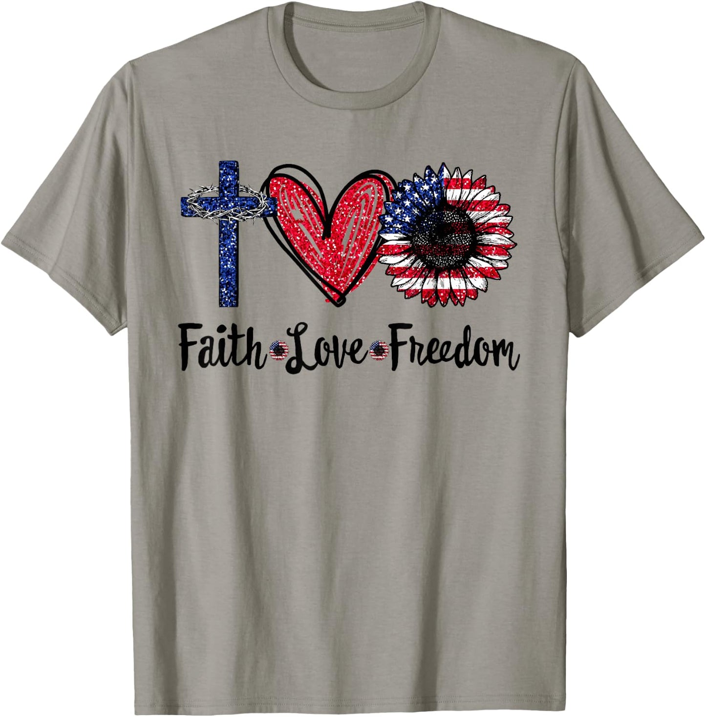 Faith Love Freedom Sunflower Jesus American Flag 4th of July T-Shirt - T-Shirt | Sand