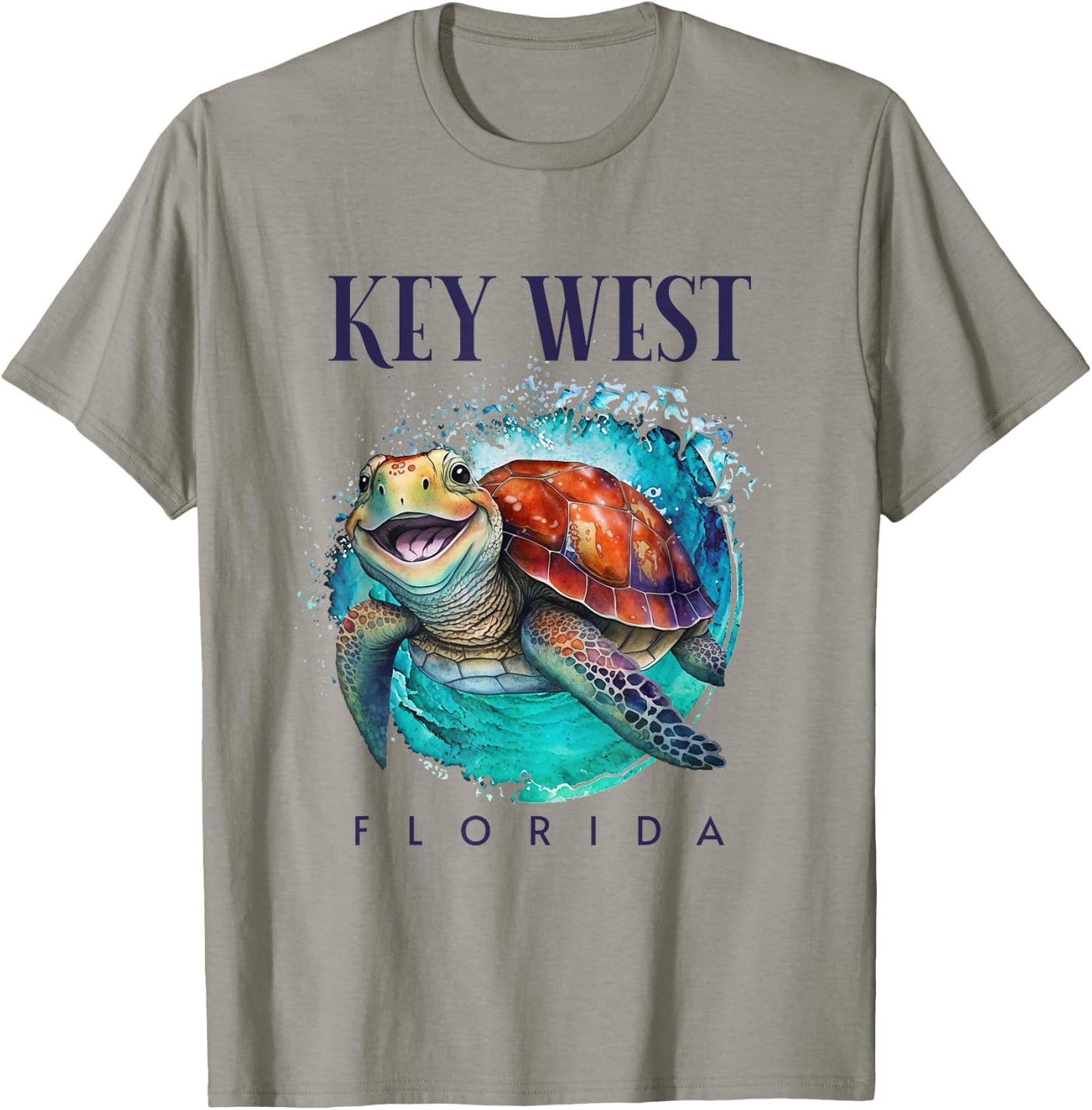 Key West Florida Watercolor Happy Sea Turtle T-Shirt - T-Shirt | Sand