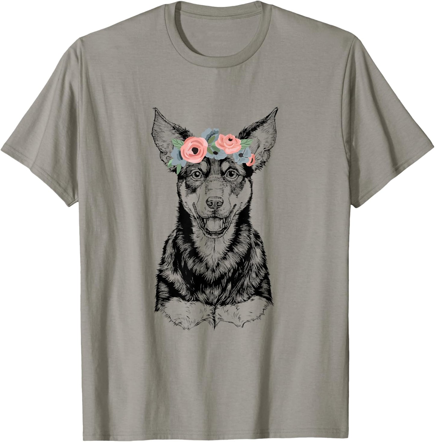 Australian Kelpie with Floral Headband Dog Mom T-Shirt - T-Shirt | Sand