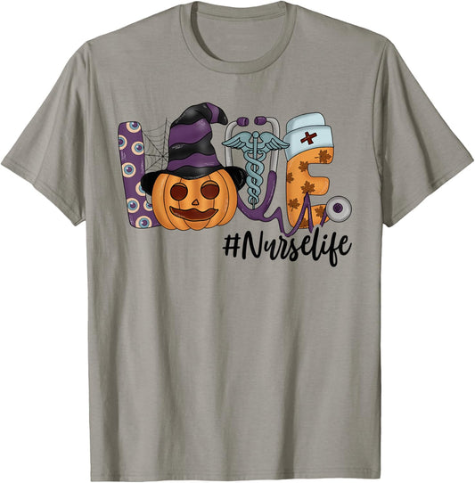 Halloween Love Nurse Stethoscope Pumpkin Health Worker T-Shirt - T-Shirt | Sand