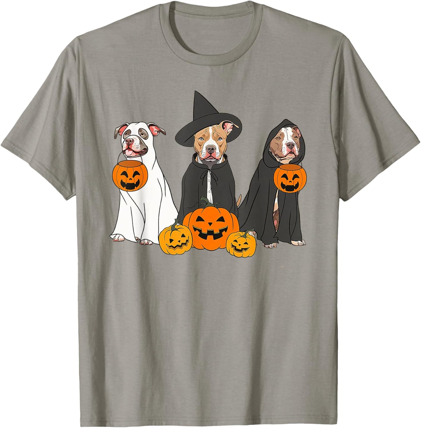 Ghost And Witch Pit Bull Funny Pit Bull Ghost Halloween T-Shirt - T-Shirt | Sand
