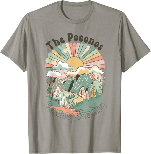 Vintage The Poconos Pennsylvania Mountains Hiking Sunset T-Shirt - T-Shirt | Sand