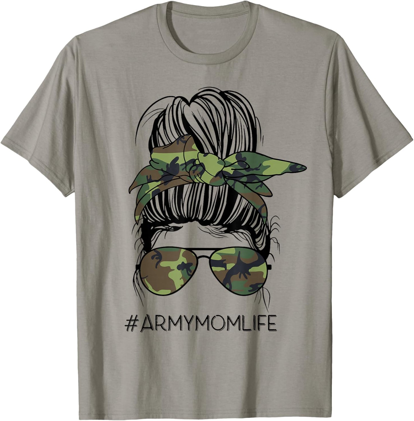 Army Mom Life Messy Bun Camo Print Sunglasses Mothers Day T-Shirt - T-Shirt | Sand