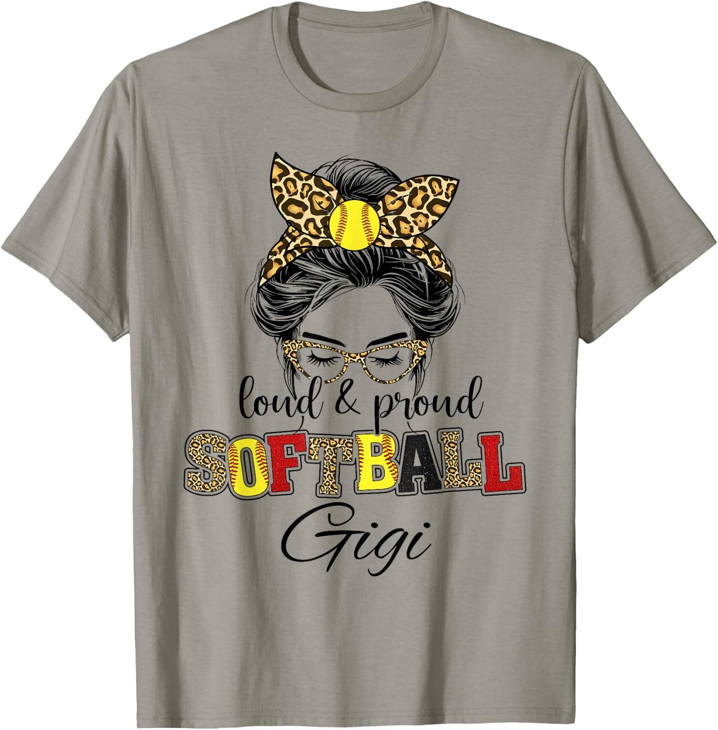 Proud and loud softball Gigi messy bun leopard girls T-Shirt - T-Shirt | Sand