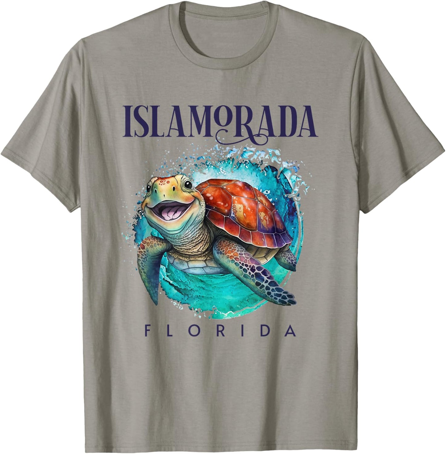 Islamorada Florida Watercolor Happy Sea Turtle T-Shirt - T-Shirt | Sand