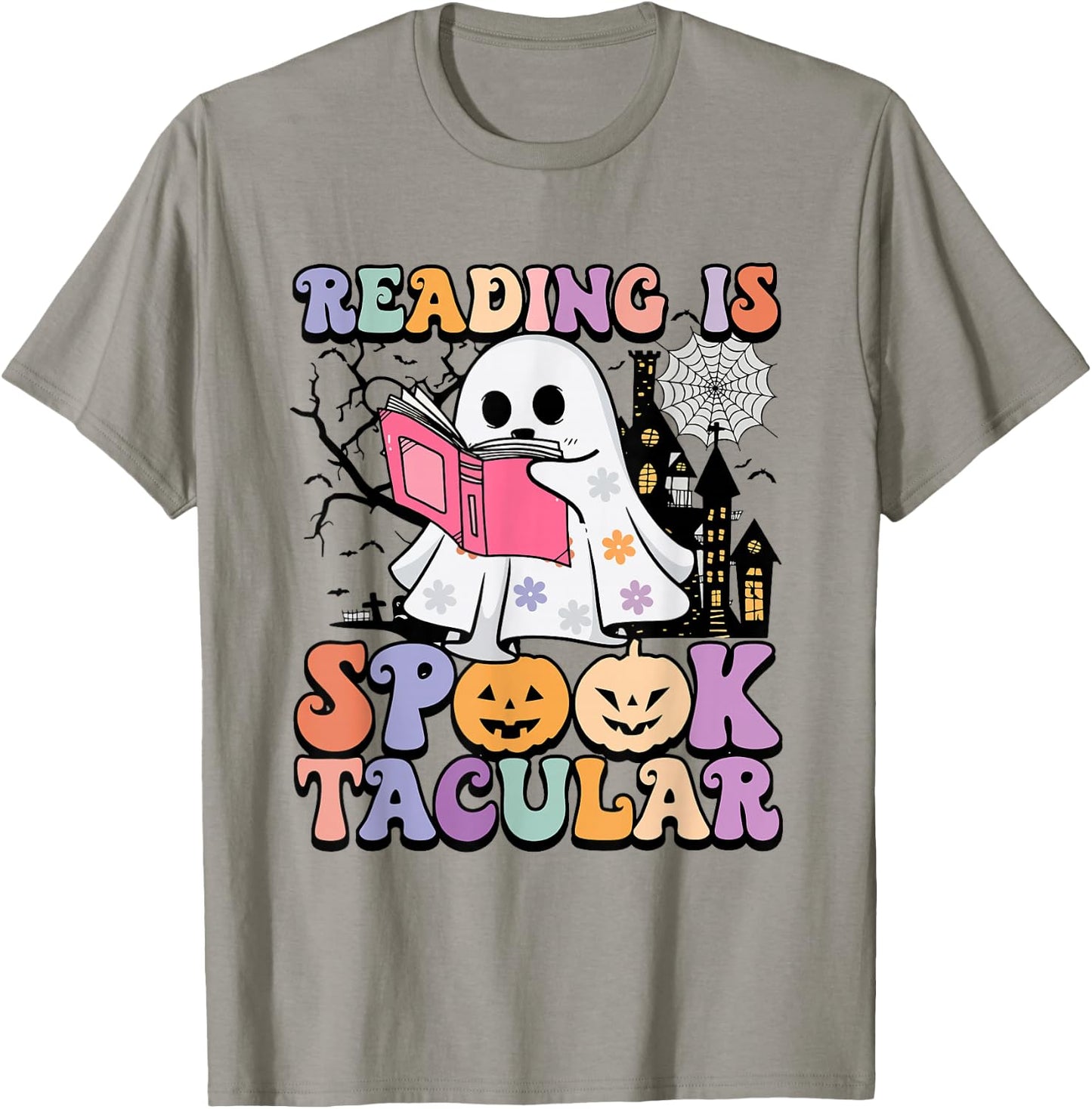Reading Is Spooktacular Funny Ghost Reading Book Halloween T-Shirt - T-Shirt | Sand