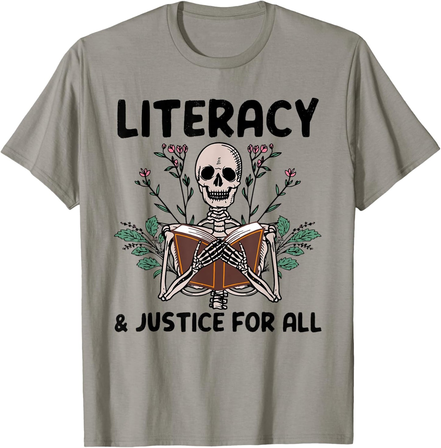 Literacy And Justice For All Skeleton Books T-Shirt - T-Shirt | Sand