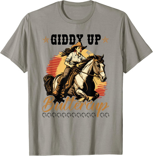 Country Giddy Up Buttercup, Bronc Horse Riding Cowgirl T-Shirt - T-Shirt | Sand
