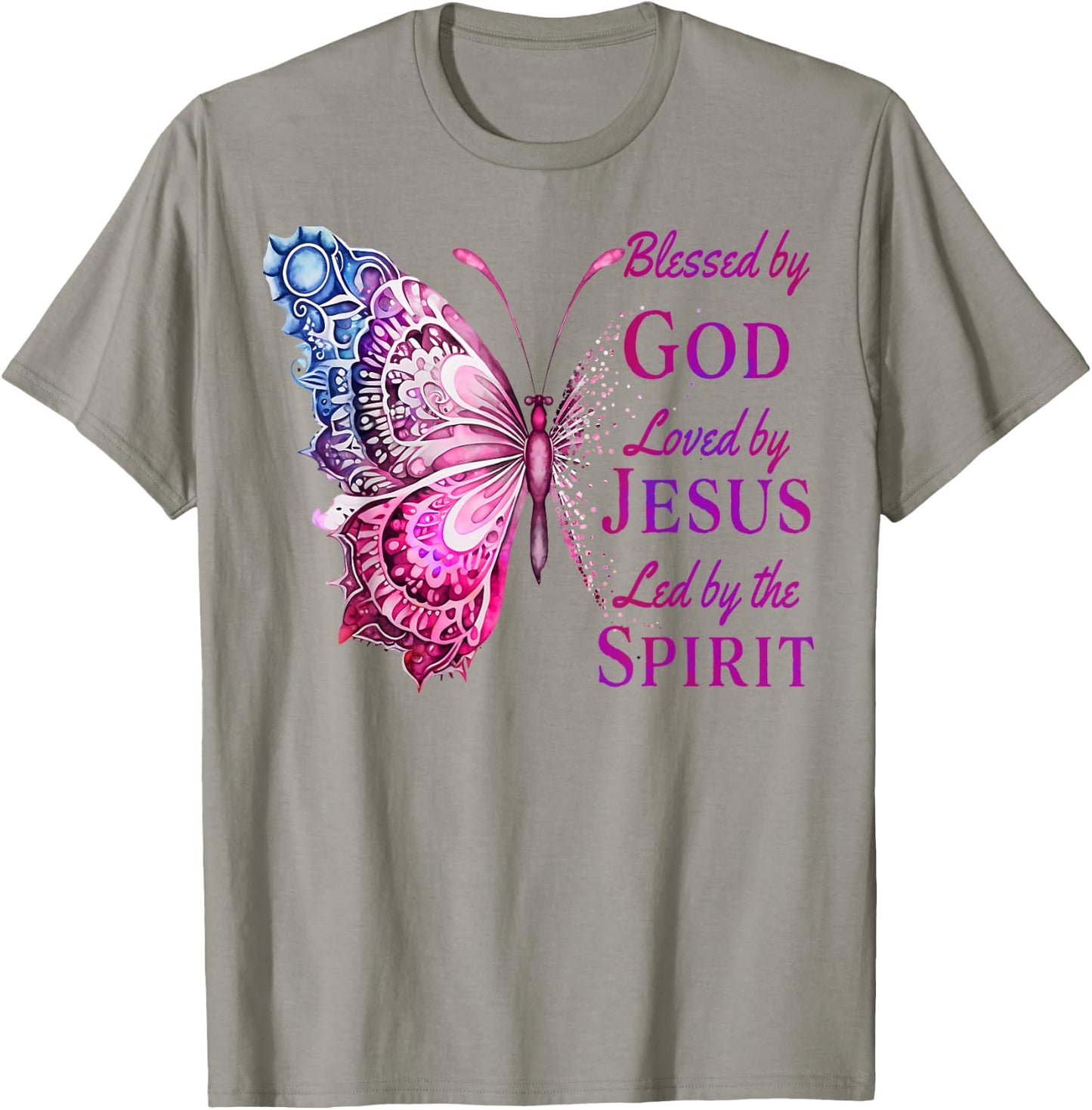Blessed by God Loved by Jesus Pink Butterfly Christian T-Shirt - T-Shirt | Sand
