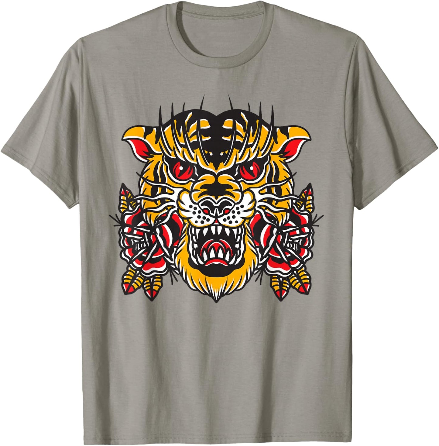 American Traditional Tattoo Flash Tiger Flower Old School T-Shirt - T-Shirt | Sand