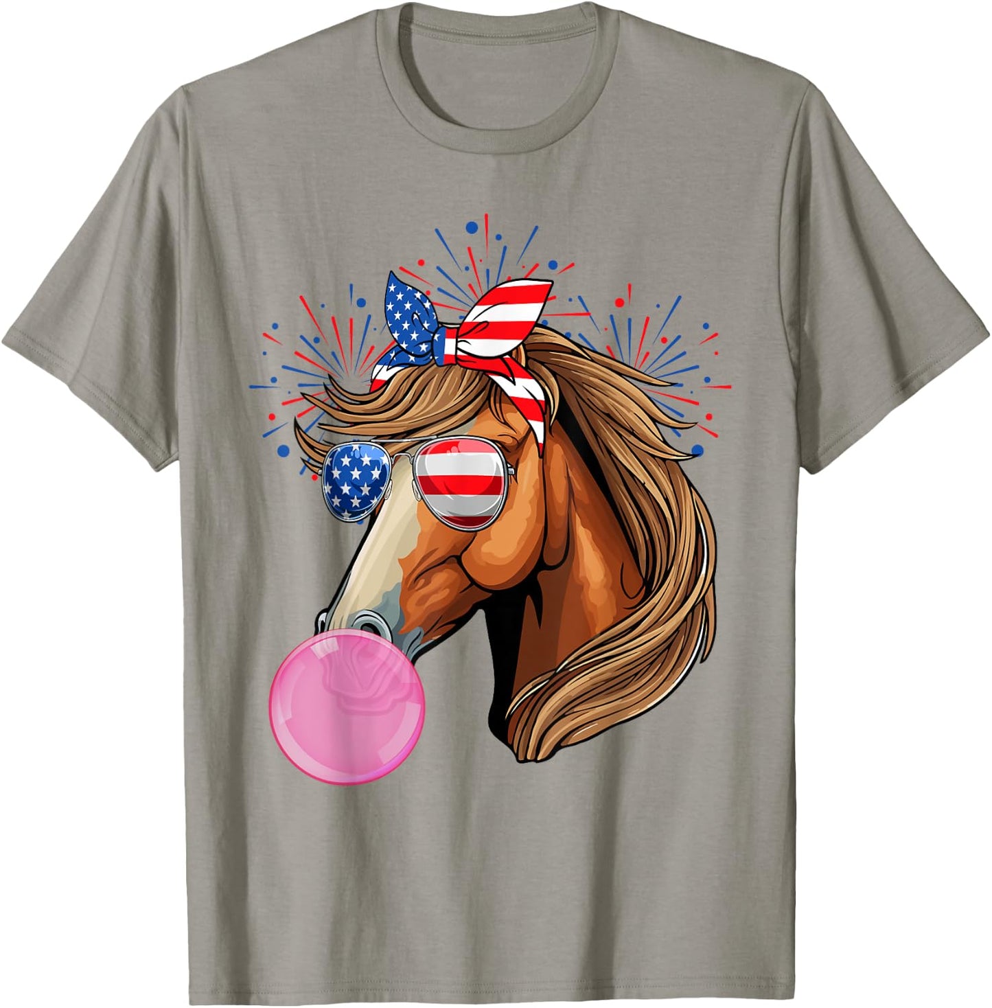 Horse Blowing Bubble Gum USA Flag Sunglasses Indepedence Day T-Shirt - T-Shirt | Sand