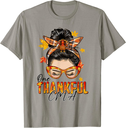 One Thankful CMA Turkey Messy Bun Fall Thanksgiving T-Shirt - T-Shirt | Sand