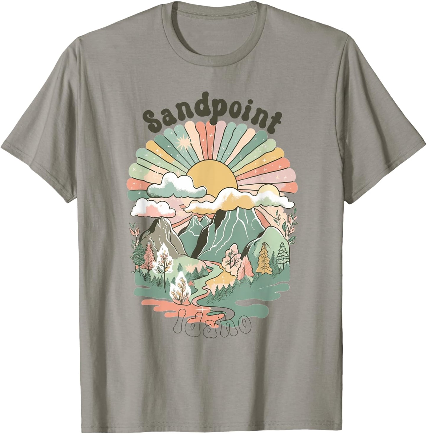Vintage Sandpoint Idaho Mountains Hiking Sunset Groovy T-Shirt - T-Shirt | Sand