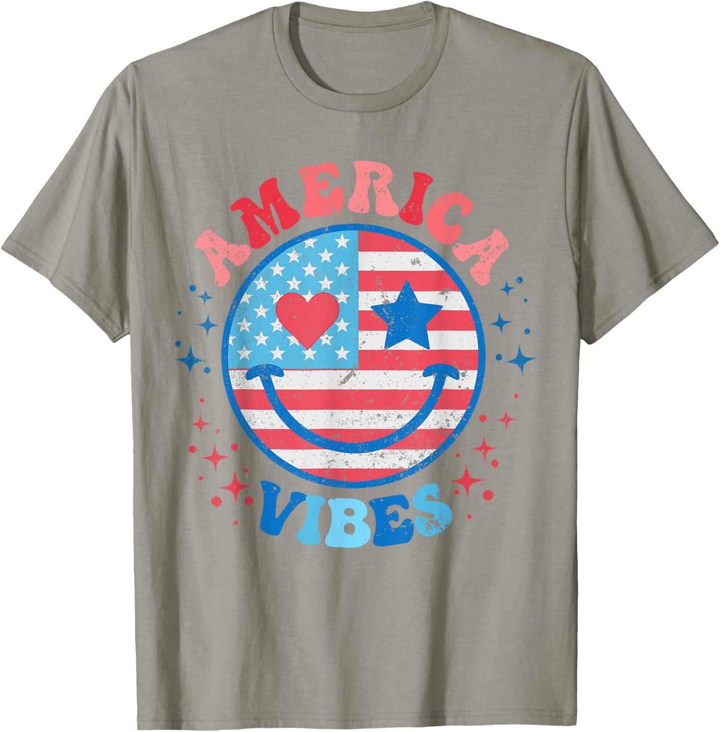 America Vibes Smile Face American Flag 4th of July Groovy T-Shirt - T-Shirt | Sand