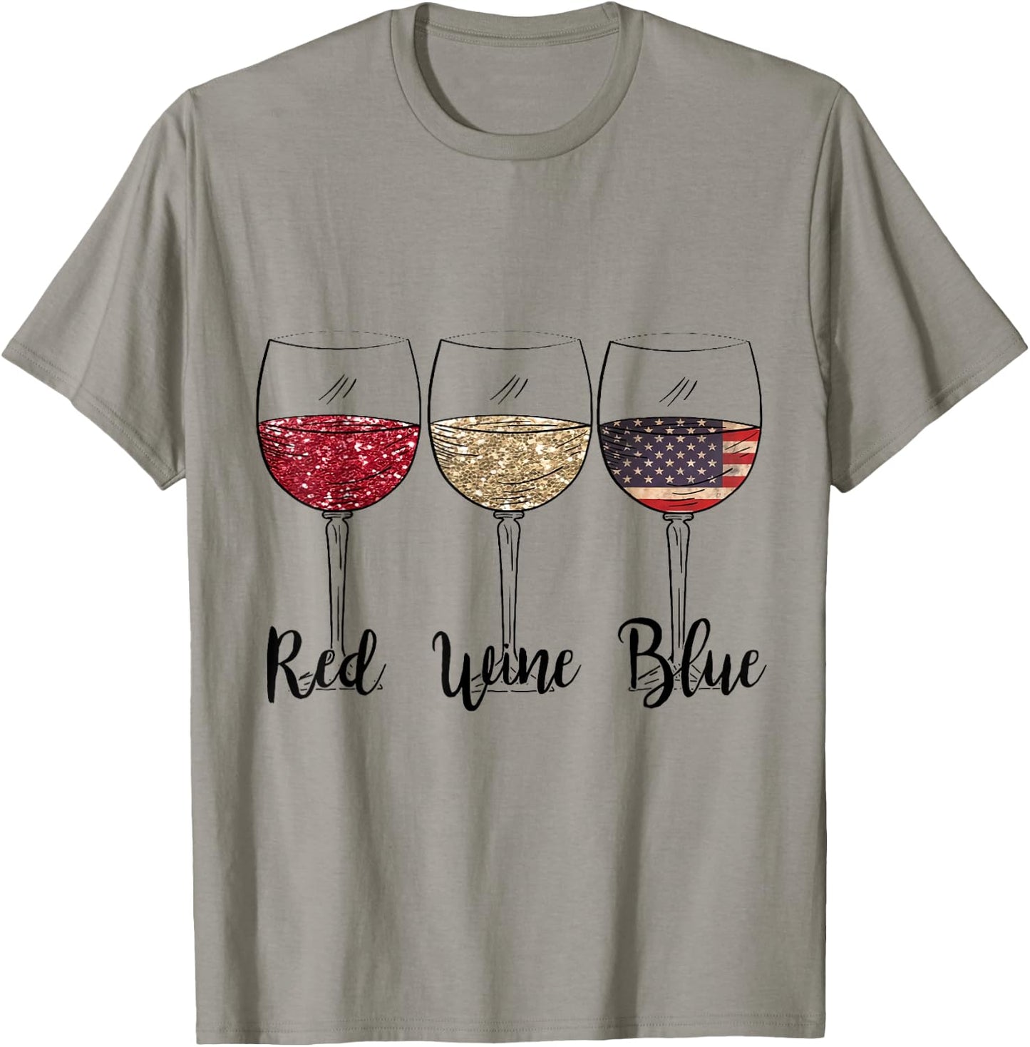 Red Wine Blue Wine Glasses USA Flag 4th of July Patriotic T-Shirt - T-Shirt | Sand