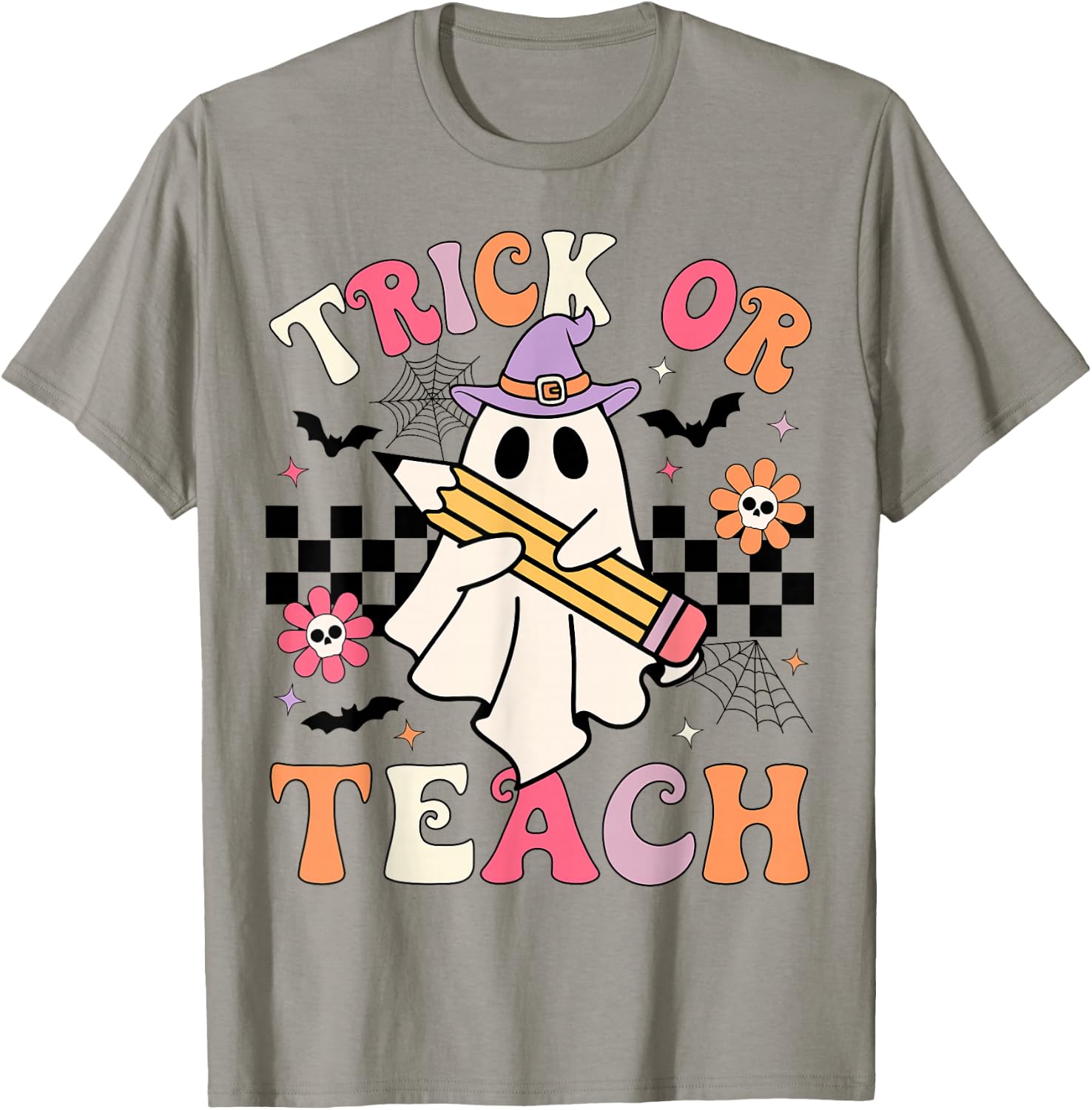 Trick Or Teach Groovy Teacher Halloween Retro Floral Ghost T-Shirt - T-Shirt | Sand