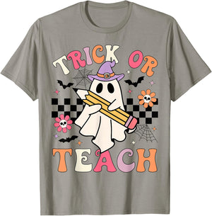 Trick Or Teach Groovy Teacher Halloween Retro Floral Ghost T-Shirt - T-Shirt | Sand