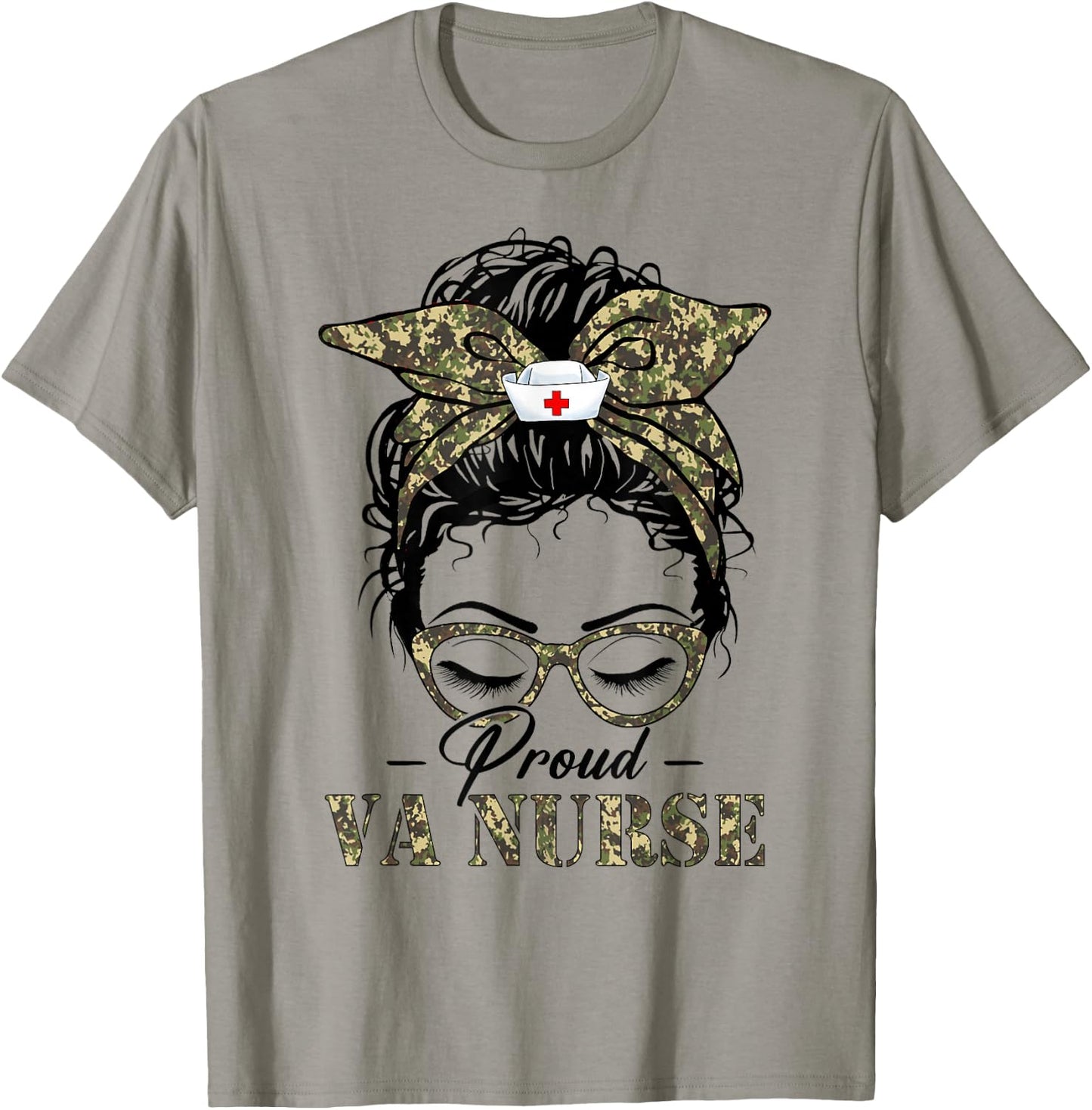 Funny Messy Bun VA Nurse Camouflage Print Army Nurses Women T-Shirt - T-Shirt | Sand