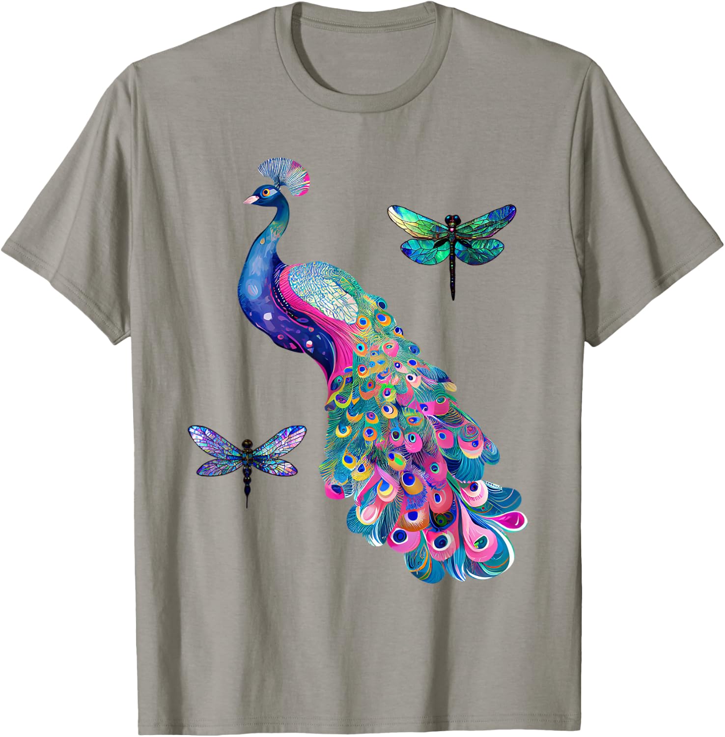 Colorful Peacock Feathers Dragonflies Graphic Art Design T-Shirt - T-Shirt | Sand