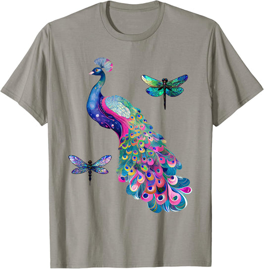 Colorful Peacock Feathers Dragonflies Graphic Art Design T-Shirt - T-Shirt | Sand