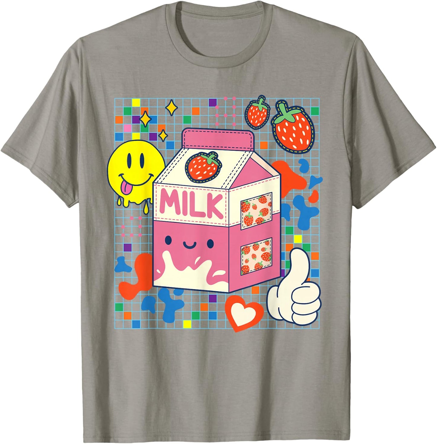 Kidcore Aesthetic Strawberry Milk Fabric Patches Decora Kei T-Shirt - T-Shirt | Sand