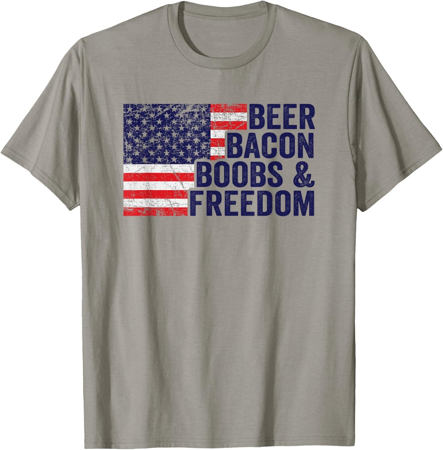 BEER BACON BOOBS & FREEDOM - Funny USA Flag BBQ Drinking T-Shirt - T-Shirt | Sand