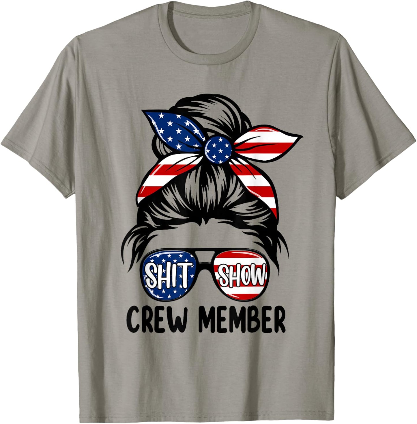 Women Shit Show Crew Member Amerian Flag Headband Messy Bun T-Shirt - T-Shirt | Sand