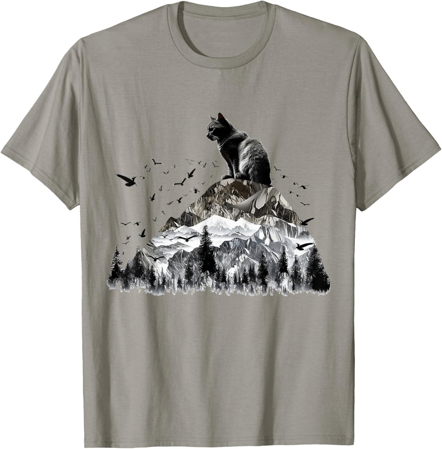 Cat Mountains Bird Artwork | Animal Motif Cat T-Shirt - T-Shirt | Sand