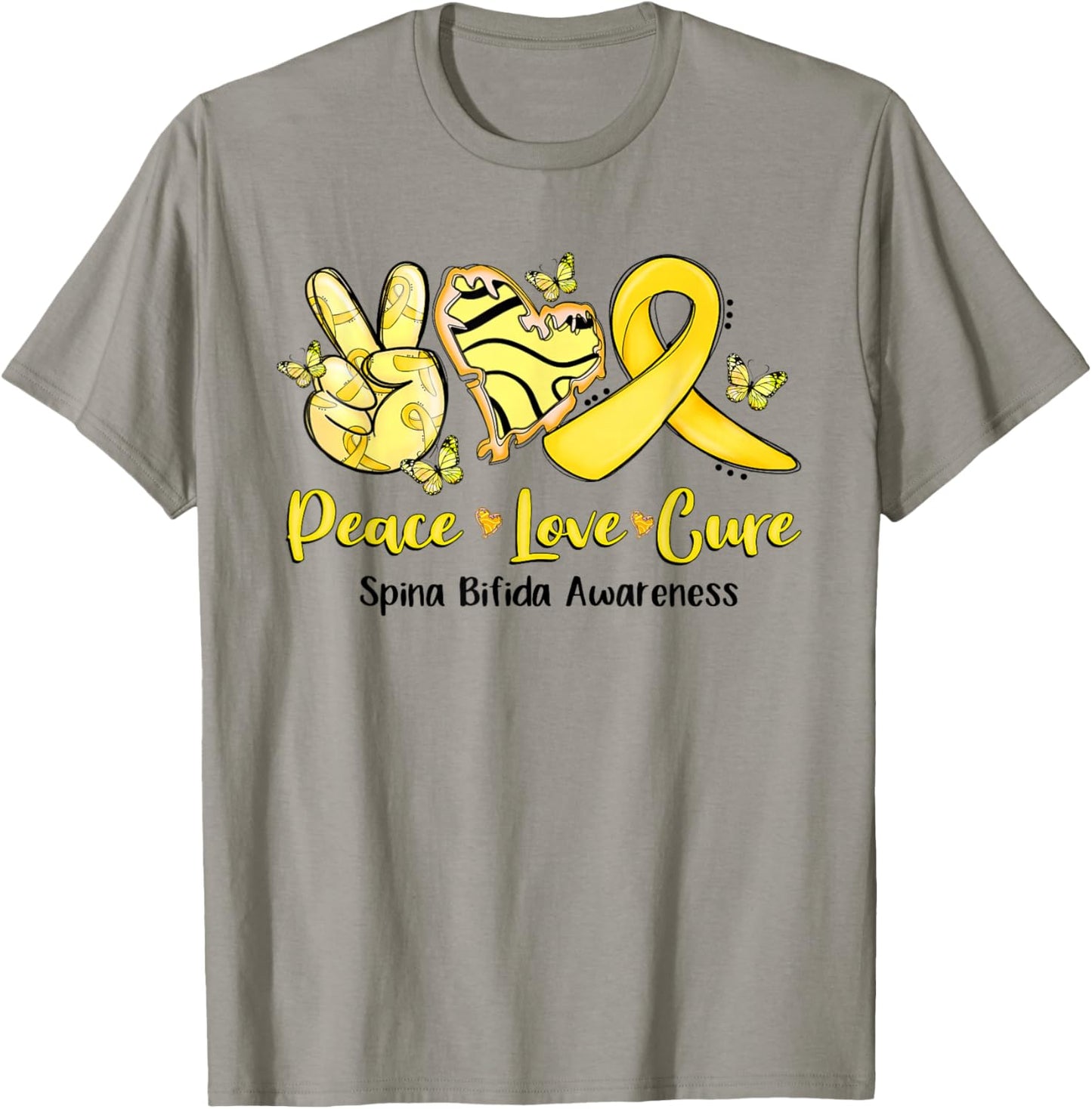 Peace Love Cure Yellow Ribbon Spina Bifida Awareness T-Shirt - T-Shirt | Sand