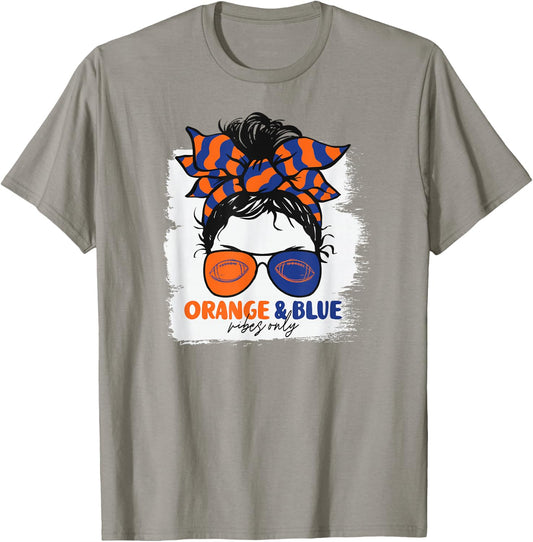 Orange and Blue Vibes Only Football Mom Gameday Messy Hair T-Shirt - T-Shirt | Sand