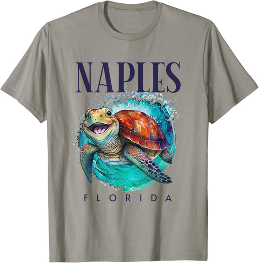 Naples Florida Watercolor Happy Sea Turtle T-Shirt - T-Shirt | Sand