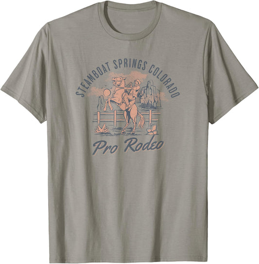 Steamboat Springs Pro Rodeo Days Colorado Cowboy and Horse T-Shirt - T-Shirt | Sand